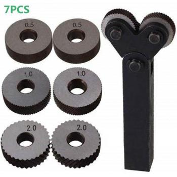 Kit de moleteado de doble rueda, 7 piezas, 0,5mm, 1mm, 2mm, para uso en torno