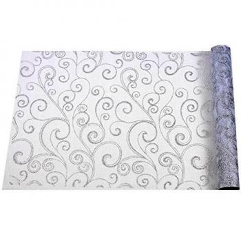 Rideau de Table en Organdelle Arabesque 36cm x 5m, Blanc et Argent
