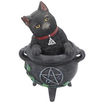 Schwarze Katze mit Triquetra-Halsband im Hexenkessel 12cm