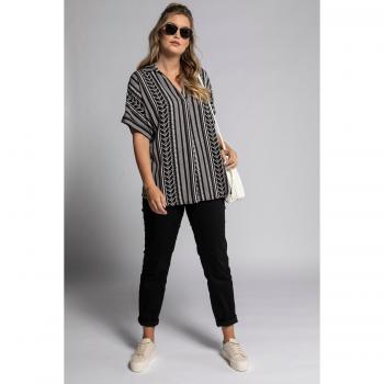 Blusa donna oversize nera a righe, colletto da camicia, mezze maniche, taglia 56/58, viscosa