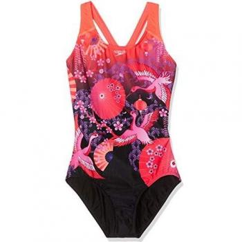Speedo Girls' Crane Blossom Placement Splashback Swimsuit, Black/Diva/Neon Orchard/White, 15-16 years