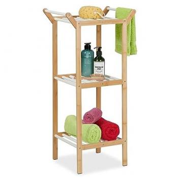 Mobiletto Bagno Relaxdays, 3 Ripiani, 2 Aste Portasciugamani, Bambù, 85x41,5x30 cm, Bianco/Naturale