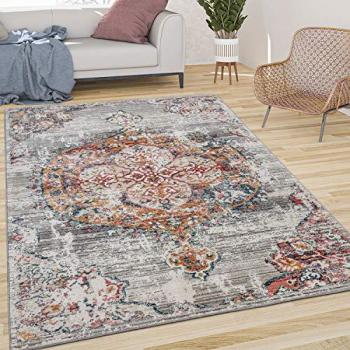 Couché Oriental Poils Ras 60 × 100 cm – Couleurs Grises, Jaunes et Bleues