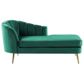 Emerald Green Velvet Chaise Lounge with Gold Metal Frame on the Left