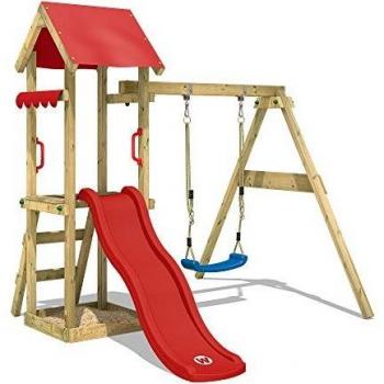 WICKEY Aire de Jeux TinyWave portique en Bois avec balançoire et Toboggan Rouge