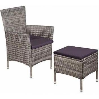 Gartenstuhl und Hocker mit grauen Polstern aus wetterfestem Poly Rattan