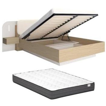 Letto Con Cassetti e Comodini 160x200 cm – LED Intelligente – Palette Beige & Naturale + Materasso – Lyorima