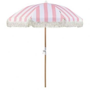 Retro Pink and White Garden Parasol with Beech Wood Pole