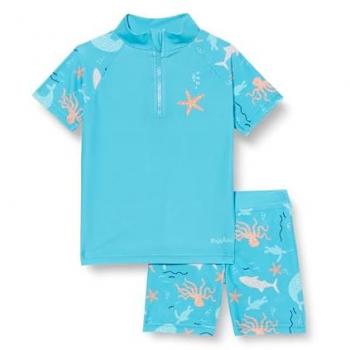 Set de baño turquesa con protección UV y animales marinos