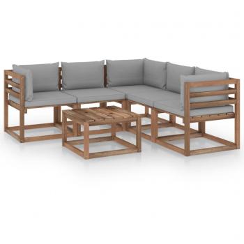 Set Lounge da Giardino 6 pz con Cuscini Grigi in Pino Impregnato