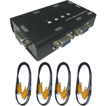 VGA/KVM Switch 4‑port avec 3 USB – 4 câbles inclus