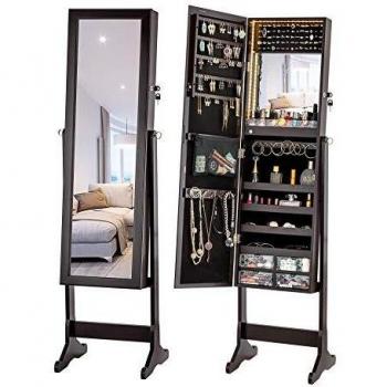 LUXFURNI LED Light Jewelry Cabinet Standing Mirror Makeup Lockable Armoire