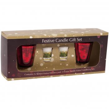 Holiday Sparkle Gift Pack: Reindeer Votive Holder Duo + White Tea Candles in Festive Red Glass