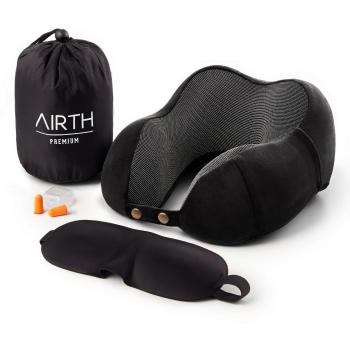 AIRTH Reise-Nackenkissen Nackenhörnchen aus Memory-Schaum-Stoff optimal stützend Dank Memory-Foam | Luxus-Reisekissen mit GRATIS Schlafmaske und Ohrenstöpsel