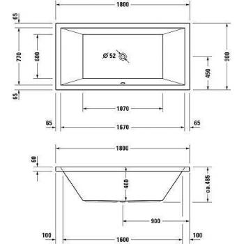 Duravit Starck Rechteckbadewanne 180x90 cm, Einbau, zwei Rückenschrägen, weiß