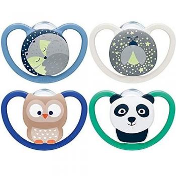 NUK 10225003 Kiefergerechtes Silikon‑Schnullerset – 2x Space + 2x Space Night
