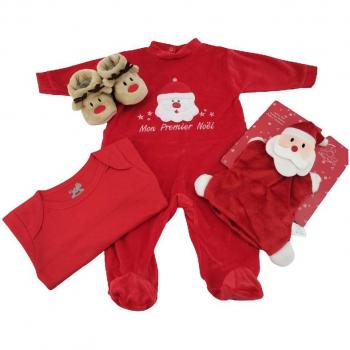 Coffret de Noël pour Bébé : Grenouillère, Body, Chaussons et Doudou