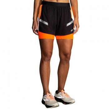 Brooks RunVisible 4 2‑in‑1 Short for Women 2.0 – Black/Ecru/Fluoro Flash (Size S)