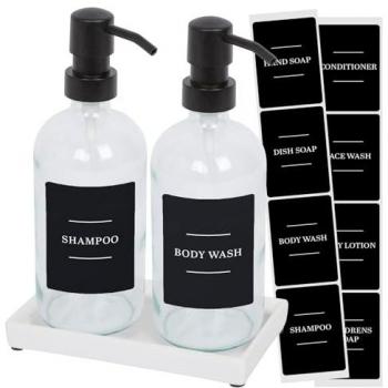 500ml Black & Clear Glass Soap Dispenser Set with Ceramic Tray and Labels