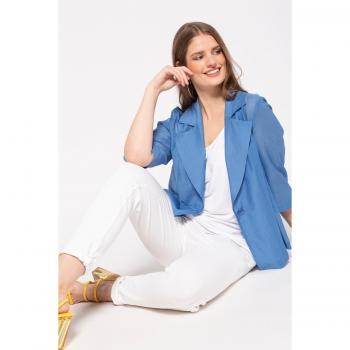 Blusa giacca in cotone/seta, maniche a 3/4, risvolti, Donna, Blu, Taglia 50