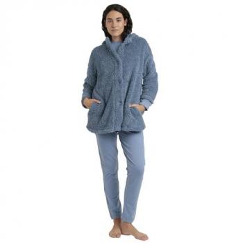 Bata de mujer calentita con capucha y cierre de botones Admas Comfort Home azul manga larga 2024