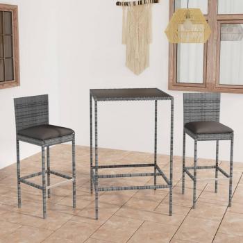 VidaXL 3-tlg. Gartenbar-Set mit grauen Kissen aus Poly Rattan
