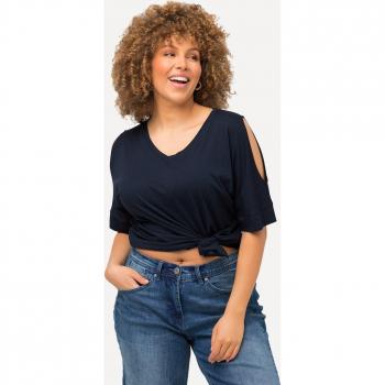 Maglia scollo a V con mezze maniche e aperture sulle spalle, Donna, Blu, Taglia 64/66, Cotone/Fibre sintetiche, Ulla Popken