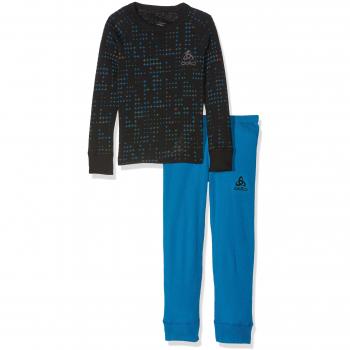 Odlo Warm Kids Set mit L/S Shirt und langen Skihosen – Mykonos Blue – Schwarz 128