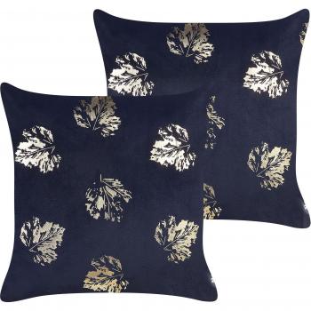 Set of 2 Black Velvet Cushions with Gold Foil Leaf Motif, 45 x 45 cm
