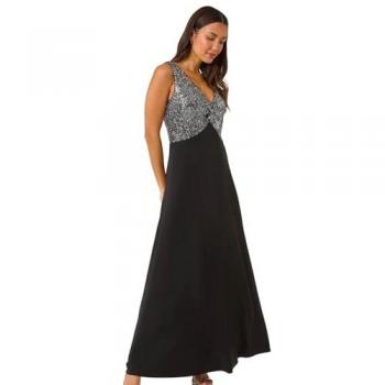 Roman Gold‑Shimmer Sequin Contrast Bodice Maxi Dress, Size 10