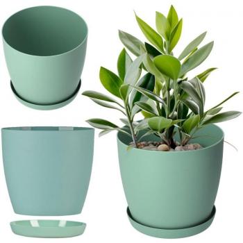 Pot Décoratif en Plastique avec Soucoupe (16 cm, Vert)