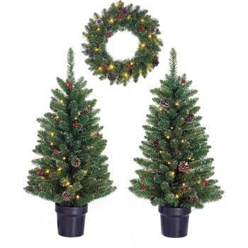 Coffret Noël Vert : 2 Sapins Artificiels + Couronne LED