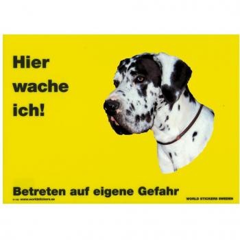 Warnzeichen „Hier wache ich“ Gelb 28x20 cm + Aufkleber Dogge Harlekin