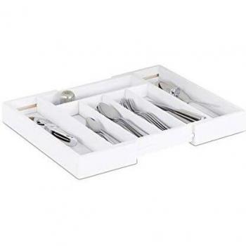 Bamboo Cutlery Tray, Adjustable Width, 5-7 Compartments, White