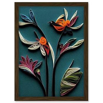 Artistic Quilled Bird & Floral Leaf Design (Blue, Orange, Teal) – Framed Wall Print A4