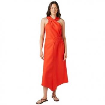 Orange Linen Midaxi Dress with Asymmetric Hem and Halter Neck