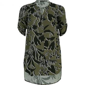 Doris Streich Olivgrüne Bluse mit Blattmuster Größe 50