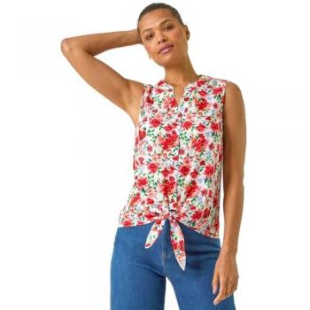 Roman Roman Bluse mit rotem Blumenprint und Frontknoten