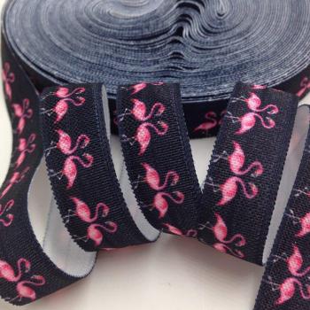 5 Yards 16mm Black Flamingo and Hawaiian Palm Tree Fold Over Elastic