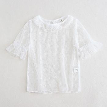Lolita Chiffon Hemd für Kinder mit Blumenmuster und Spitzenkragen, kurzärmlig, Sommerkleidung für Mädchen