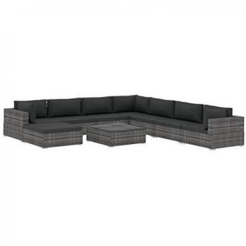 Set de mobilier de jardin 9 pcs avec coussins gris en résine tressée