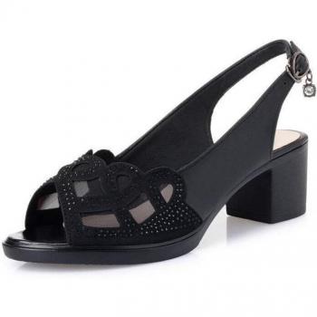 Fashionable Black Sandals for Women with Word Buckle and Thick Heel