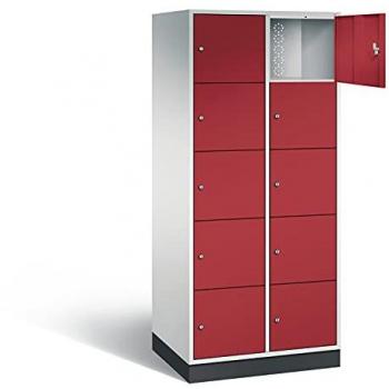 C+P INTRO Stahl-Schließfachschrank, Fachhöhe 345 mm, BxT 820 x 600 mm, 10 Fächer, Korpus lichtgrau, Türen rubinrot
