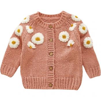 Vêtement d'extérieur tricoté à manches longues pour bébé fille, pull brodé floral à boutonnage simple, automne