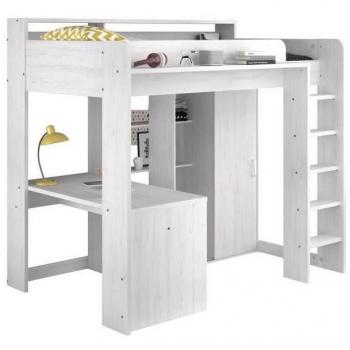 Lit mezzanine 90x200 cm avec armoire et bureau HIGHER Blanc