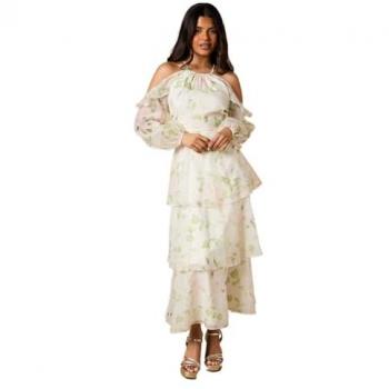 Ivory Cold Shoulder Midi Dress with Floral Design