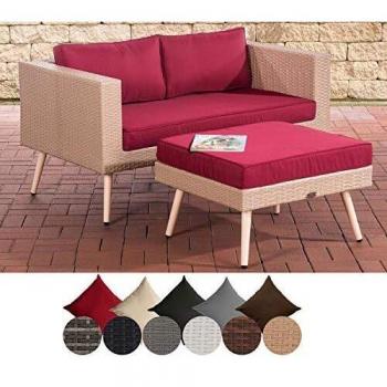 CLP Polyrattan 2er Sofa MOLDE mit Fußhocker I Sand I Gartensofa mit Hocker I Gartengarnitur, Farbe:rubinrot