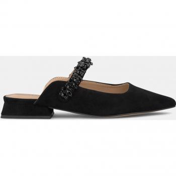 Mules Planos de Mujer Alma en Pena de Piel con Puntera Afilada y Detalles Joyas en Color Negro