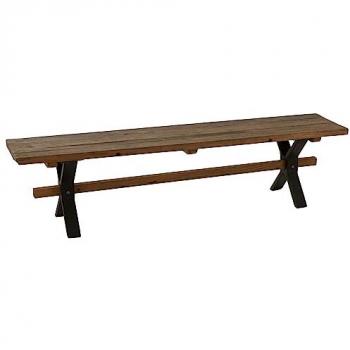 Banc de ferme en bois vieilli 180 cm avec pieds croisés en métal