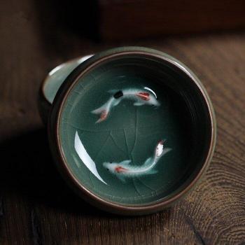 Golden Fish Longquan Celadon Teacup and Saucer